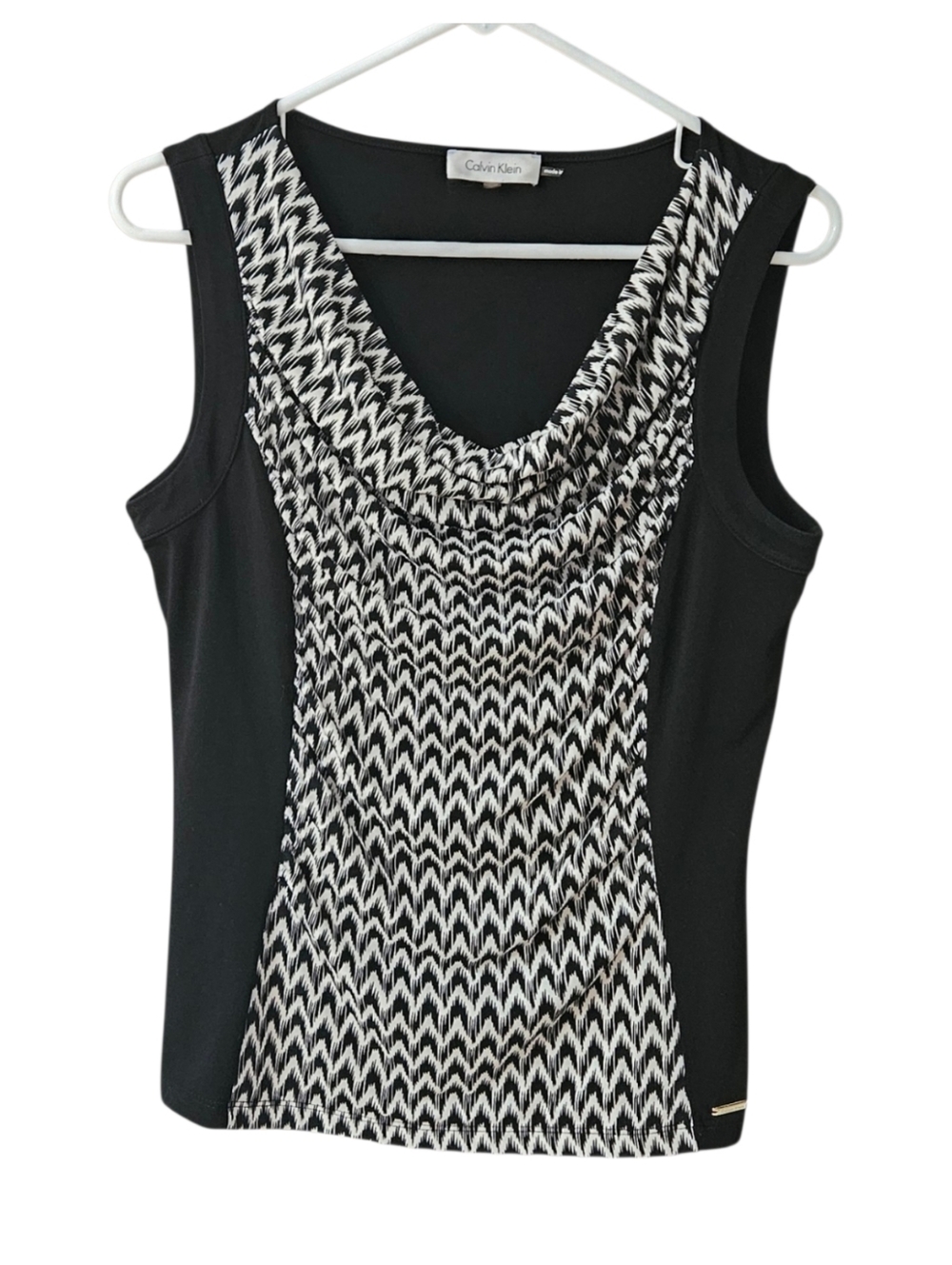 Calvin Klein Sleeveless Top Tank Draped Neck Black White Geometric Career Office